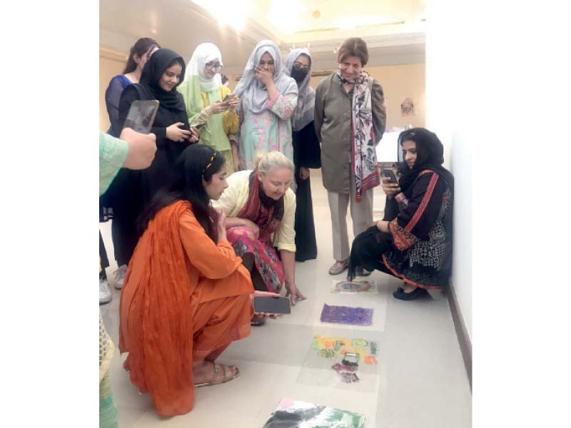 german painter dagmar rauwald discusses her paintings with the participants of a workshop organised by the pnca photo express