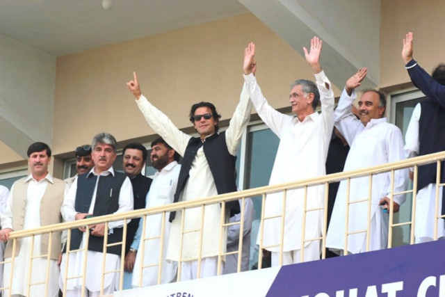 pti chairman imran khan at the cricket match in peshawar photo muhammad iqbal express