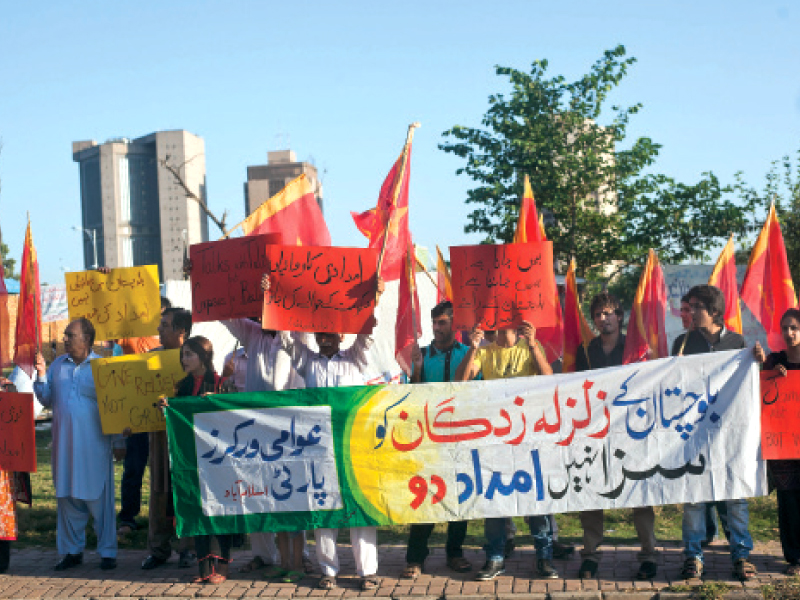 activists of awami workers party demanding civilian oversight of relief work in quake hit areas of awaran photo express