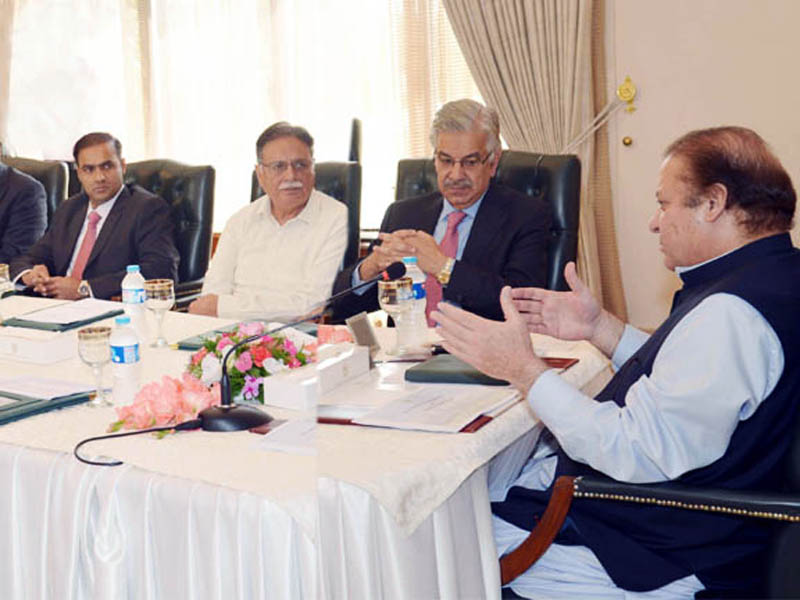 prime minister nawaz sharif chairing a meeting on energy attended by federal minister for water and power khwaja asif federal information minister senator pervaiz rasheed and minister of state for power abid sher ali photo pid