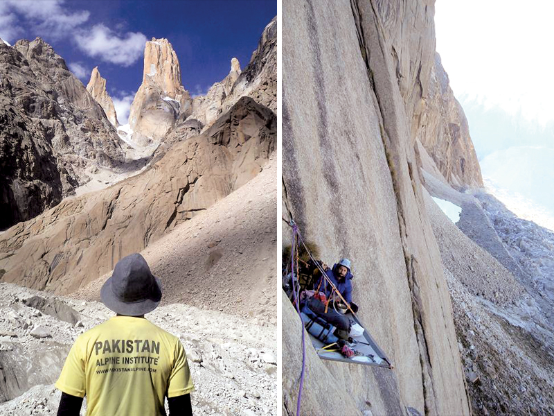 the trango towers are located in g b s central karakoram national park which the mountaineers climbed after three days using a portaledge photos usman tariq