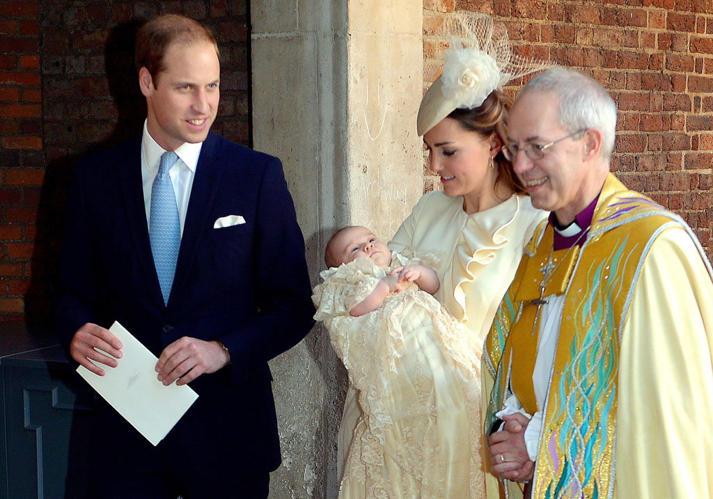 britain 039 s prince william duke of cambridge and his wife catherine duchess of cambridge leave with their son prince george of cambridge following his christening by the archbishop of canterbury r at chapel royal in st james 039 s palace in central london on october 23 2013 photo afp