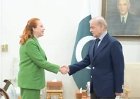 candidate for the position of united nations secretary general mar a fernanda espinosa shakes hands with prime minister shehbaz sharif in islamabad photo express