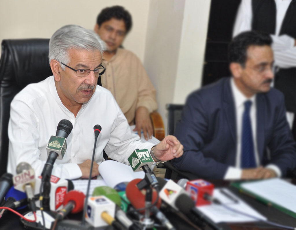 minister for water and power khwaja asif talking to the media in islamabad photo pid