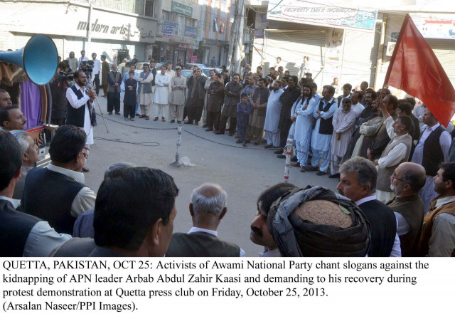 members of the awami national party during a protest against the kidnapping of their leader in quetta photo ppi members of the awami national party during a protest against the kidnapping of their leader in quetta photo ppi