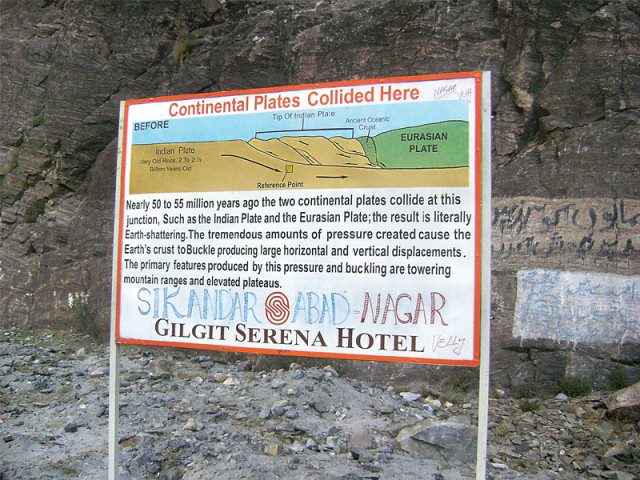 a sign in sikandarabad marks the location where the indian and eurasian plates collided giving birth to some of the tallest peaks in the region photo express a sign in sikandarabad marks the location where the indian and eurasian plates collided giving birth to some of the tallest peaks in the region photo express