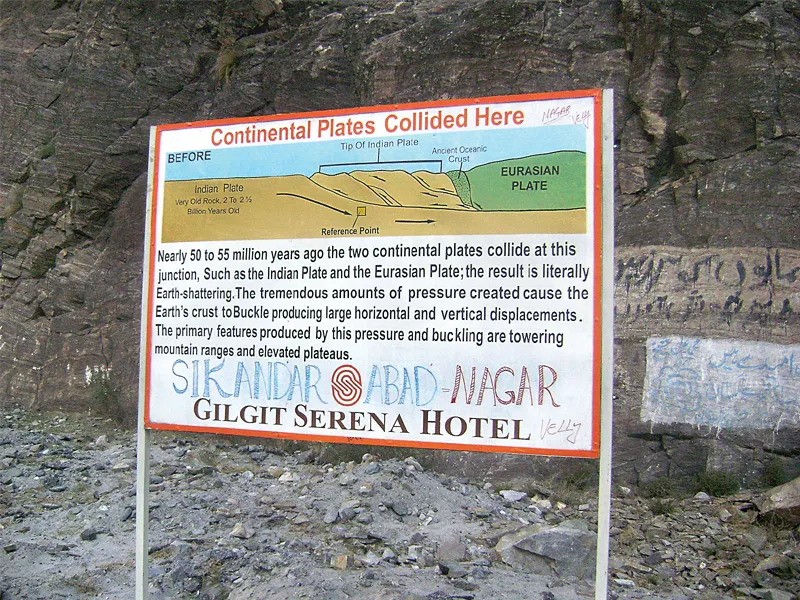 a sign in sikandarabad marks the location where the indian and eurasian plates collided giving birth to some of the tallest peaks in the region photo express a sign in sikandarabad marks the location where the indian and eurasian plates collided giving birth to some of the tallest peaks in the region photo express