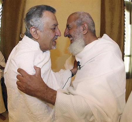 saudi grand mufti sheikh abdul aziz al sheikh r embraces saudi prince khaled al faisal emir of mecca at namira mosque on the plains of arafat outside mecca photo reuters