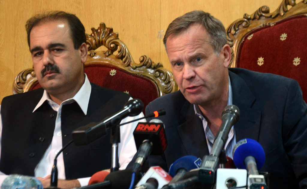 un resident coordinator and humanitarian coordinator in pakistan timo pakkala speaking at the press conference in peshawar on october 29 2013 photo inp