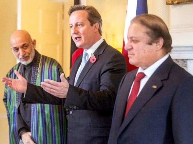 prime minister nawaz sharif his british counterpart david cameron and afghan president hamid karzai ahead of the trilateral summit in london on tuesday photo afp file