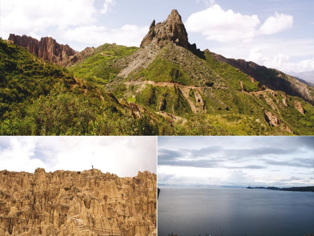 top la muela del diablo the devil s molar is a popular landmark that can be seen from the valley of la paz bottom left a lady practices yoga on the skyline of the valle de la luna just outside la paz bottom right sunset over lake titicaca from the highest point of copacabana the town next to the lake the peruvian mountains can be seen on the other side of the lake photos myra khan top la muela del diablo the devil s molar is a popular landmark that can be seen from the valley of la paz bottom left a lady practices yoga on the skyline of the valle de la luna just outside la paz bottom right sunset over lake titicaca from the highest point of copacabana the town next to the lake the peruvian mountains can be seen on the other side of the lake photos myra khan