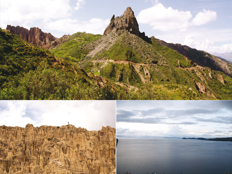 top la muela del diablo the devil s molar is a popular landmark that can be seen from the valley of la paz bottom left a lady practices yoga on the skyline of the valle de la luna just outside la paz bottom right sunset over lake titicaca from the highest point of copacabana the town next to the lake the peruvian mountains can be seen on the other side of the lake photos myra khan