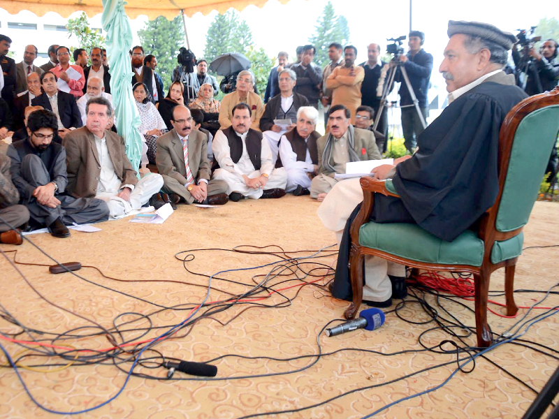 deputy chairman senate sabir baloch chaired the second session of the opposition outside the parliament house protesting 039 wrong figures 039 photo inp