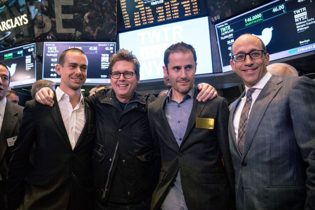 l r twitter co founder jack dorsey twitter co founder biz stone twitter co founder evan williams and twitter ceo dick costolo pose for a photo after twitter 039 s ipo on the floor of the new york stock exchange nyse on november 7 2013 in new york city photo afp l r twitter co founder jack dorsey twitter co founder biz stone twitter co founder evan williams and twitter ceo dick costolo pose for a photo after twitter 039 s ipo on the floor of the new york stock exchange nyse on november 7 2013 in new york city photo afp