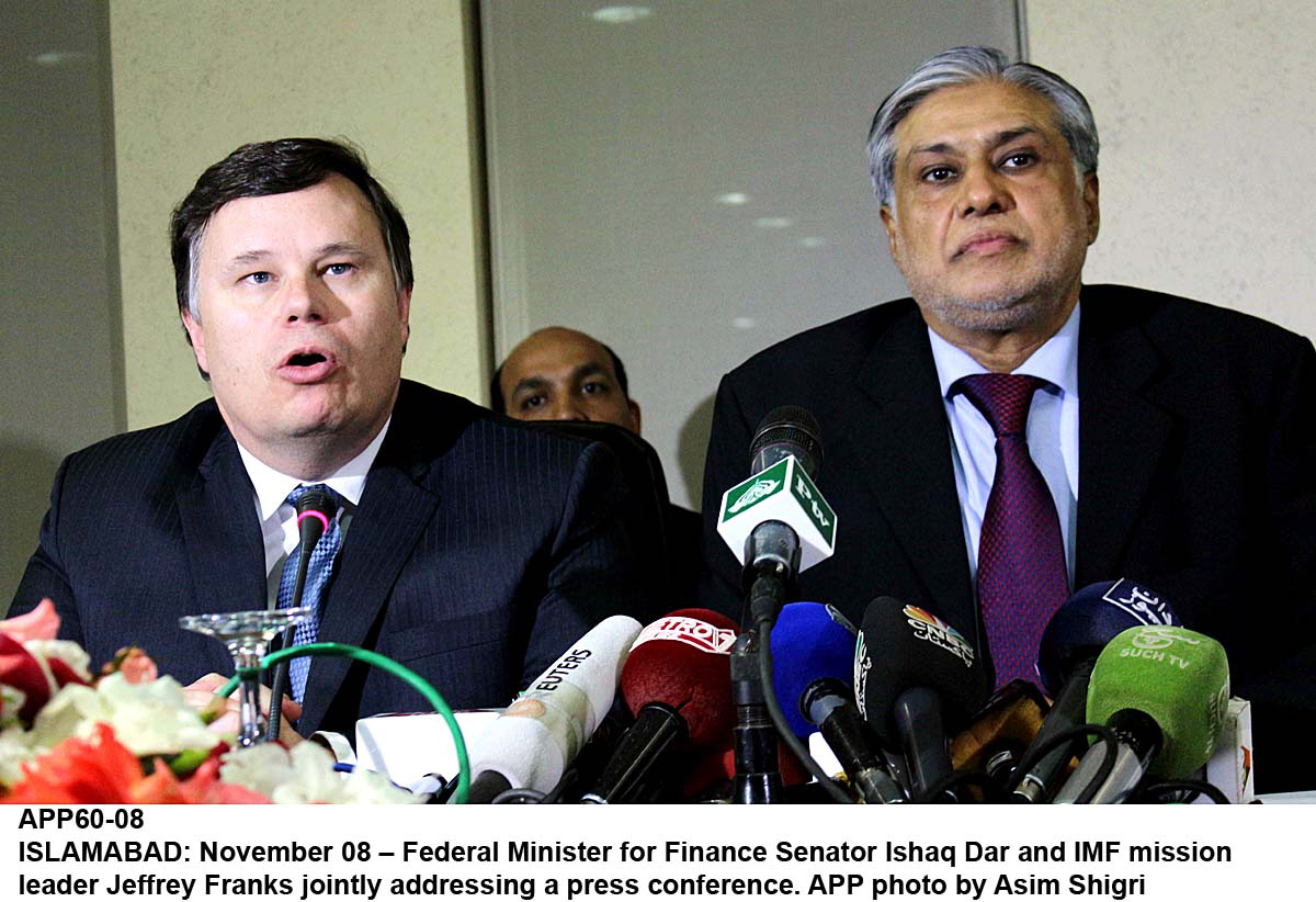 imf mission chief jeffrey franks addressing a press conference along with finance minister ishaq dar unseen in islamabad on friday photo app