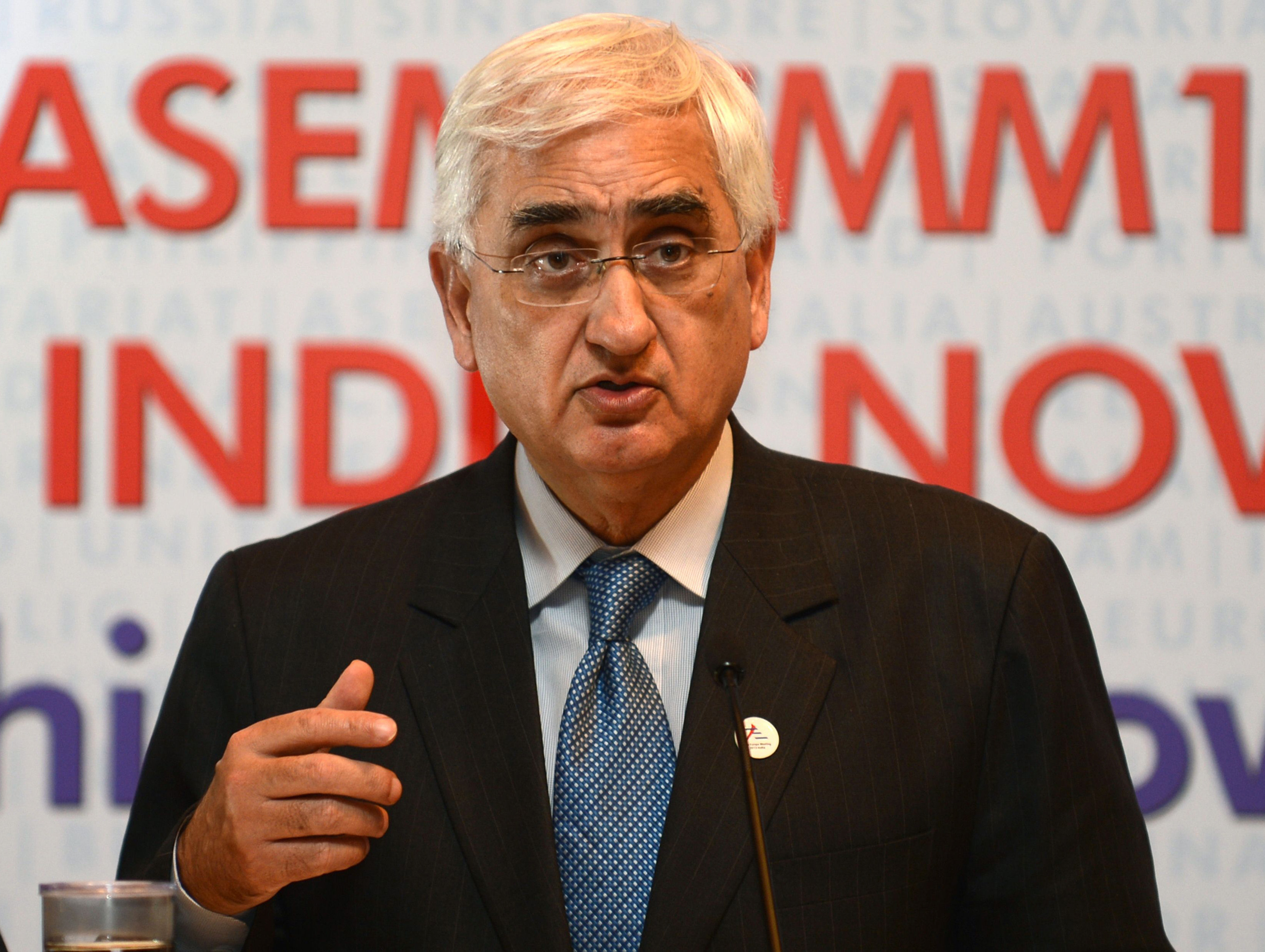 indian minister for external affairs salman khurshid addresses a press conference at the end of the two day asem conference in gurgaon on the outskirts of new delhi on november 12 2013 photo afp
