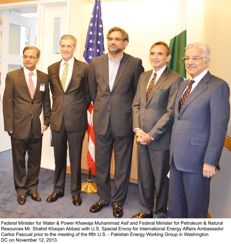 federal minister for water and power khwaja asif r minister for petroleum and natural resources shahid khaqan abbasi c us ambassador to pakistan richard olson 2nd r and us special envoy for international energy affairs ambassador carlos pascual 2nd r prior to the fifth energy working group meeting in washington photo pid