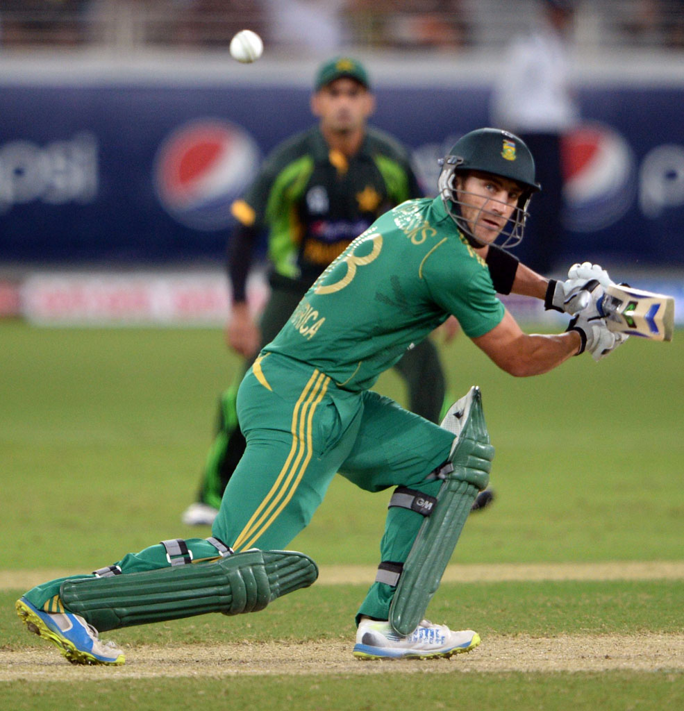 south african captain francois du plessis plays a shot during the first t20 international at dubai stadium on november 13 2013 photo afp