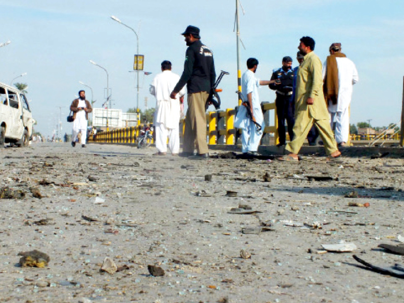 security personnel near kurram river bridge after a suicide bomber attacked a security forces van en route to bannu from kohat photo inp