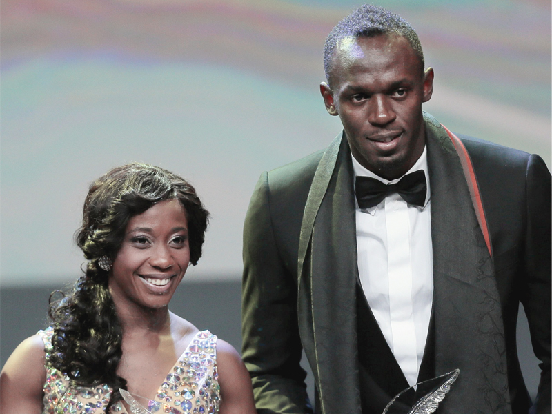 jamaican sprint stars usain bolt and shelly ann fraser pryce received the male and female world athlete of the year awards by the iaaf photo afp