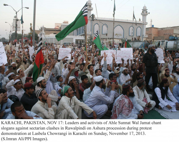 leaders and activists of ahle sunnat wal jamat chant slogans against sectarian clashes in rawalpindi on ashura procession photo ppi leaders and activists of ahle sunnat wal jamat chant slogans against sectarian clashes in rawalpindi on ashura procession photo ppi