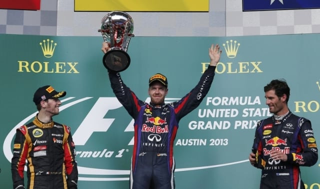 on a high world champion sebastian vettel won a record eighth successive race at the us grand prix to beat michael schumacher 039 s previous record of seven wins in a row in the same season lotus romain grosjean was second with red bull 039 s mark webber taking third photo reuters on a high world champion sebastian vettel won a record eighth successive race at the us grand prix to beat michael schumacher 039 s previous record of seven wins in a row in the same season lotus romain grosjean was second with red bull 039 s mark webber taking third photo reuters