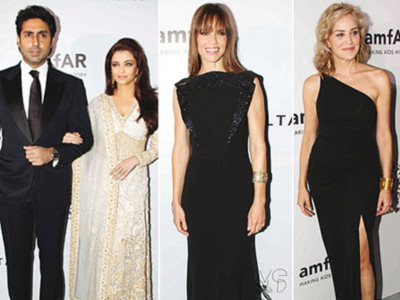 abhishek and aishwariya co host amfar gala with sharon stone