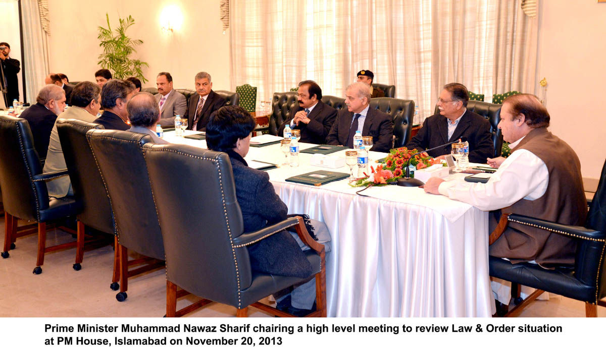 prime minister nawaz sharif chairing a high level meeting to review law and order situation at pm house islamabad photo pid