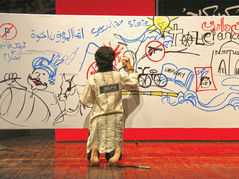 in an interactive activity titled karachi a roadmap for the future a blank white sheet was placed centre stage and ideas came pouring in from the participants on what could make karachi a better city ranging from absolute de weaponisation to planting trees outside every house artists abdul malik channah and sarah khan above illustratively translated the views on to the sheet photo ayesha mir express