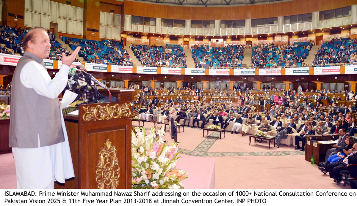 prime minister nawaz sharif while addressing the national consultation conference pakistan vision 2025 photo inp