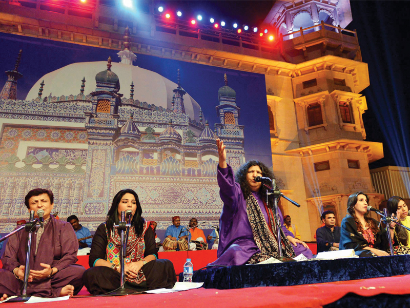 at the launch of the 11 cd set of shah jo raag performed dilshad mirza sanam marvi abida parveen humaira channa reshma parveen zulfiqar ali and mazhar hussain accompanied by jamaluddin faqir and his group in orange jumman shah and group came attired in black and the qalandari dhammali were clad in red velvet the concert took place at mohatta palace museum on sunday november 24 2013 and was organized also by the endowment fund trust photo fahim siddiqi white star for dawn