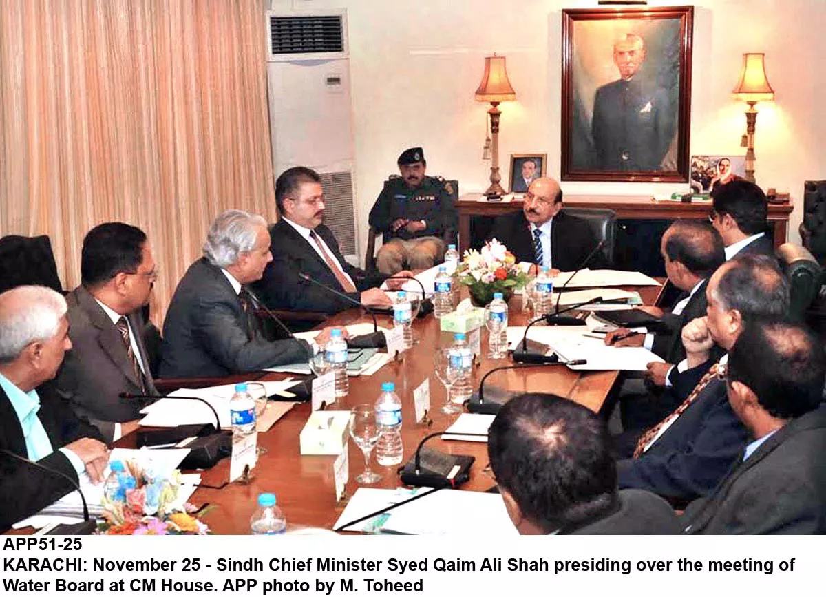 sindh chief minister qaim ali shah r attends a meeting with representatives of water board with sindh information minister sharjeel memon 3rd l in attendance photo app sindh chief minister qaim ali shah r attends a meeting with representatives of water board with sindh information minister sharjeel memon 3rd l in attendance photo app