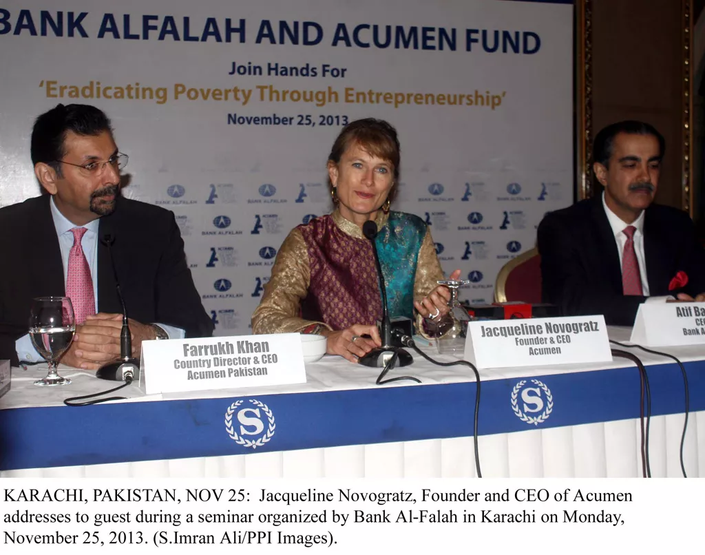 jacqueline novogratz founder and ceo of acumen fund addressing a seminar organised by bank al falah in karachi on november 25 2013 photo ppi jacqueline novogratz founder and ceo of acumen fund addressing a seminar organised by bank al falah in karachi on november 25 2013 photo ppi