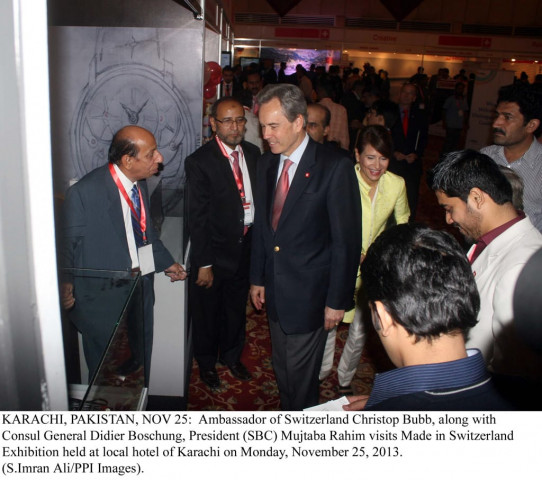 ambassador of switzerland chrispop bubb along with consul general didier boschung president sbc mujtaba rahim visits made in switzerland exhibition held in karachi photo ppi ambassador of switzerland chrispop bubb along with consul general didier boschung president sbc mujtaba rahim visits made in switzerland exhibition held in karachi photo ppi