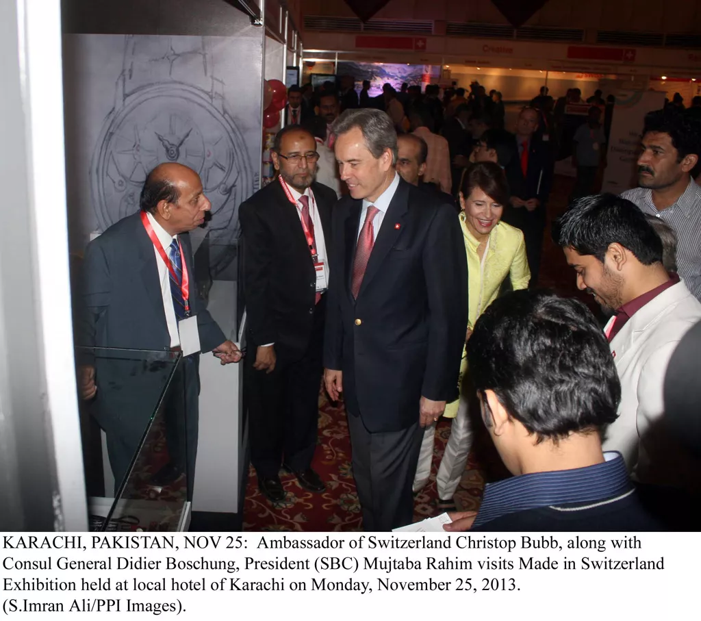 ambassador of switzerland chrispop bubb along with consul general didier boschung president sbc mujtaba rahim visits made in switzerland exhibition held in karachi photo ppi ambassador of switzerland chrispop bubb along with consul general didier boschung president sbc mujtaba rahim visits made in switzerland exhibition held in karachi photo ppi