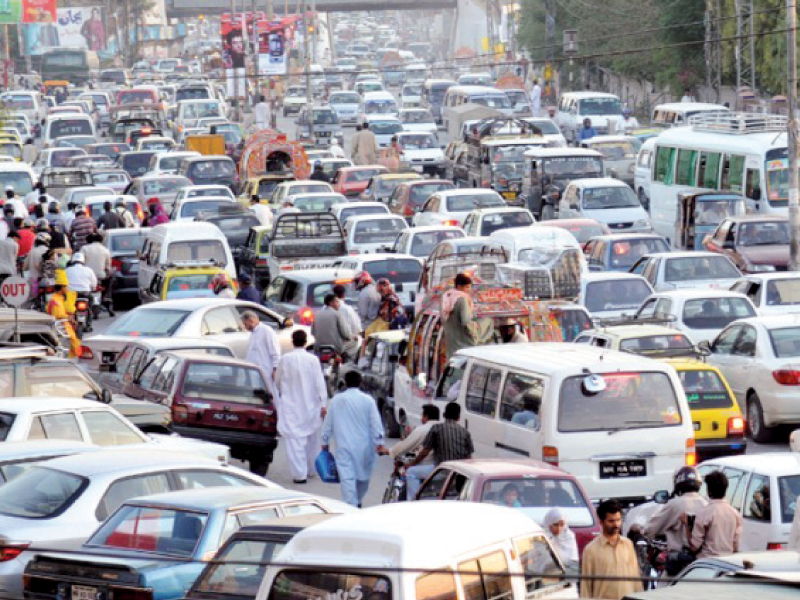 a view of benazir bhutto road in rawalpindi during rush hour photo file