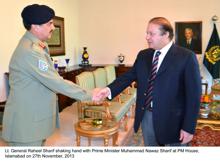 the newly appointed coas lt general raheel sharif shaking hand with prime minister nawaz sharif at pm house photo pid