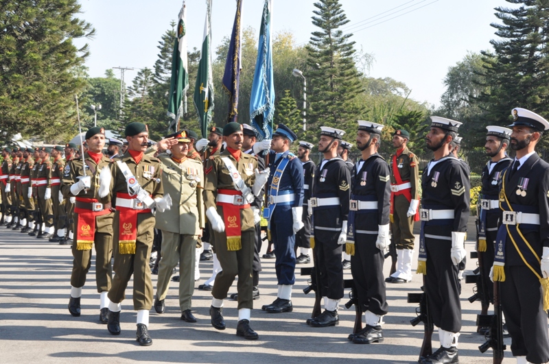 chairman joint chiefs of staff committee general rashad mahmood reviewing the tri services guard of honour at joint staff headquarters on thursday photo ispr