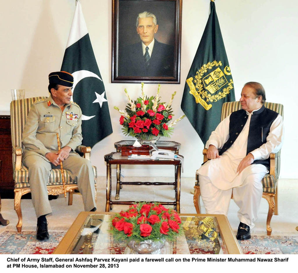 chief of army staff general ashfaq pervez kayani paid a farewell call on the prime minister nawaz sharif at pm house islamabad on november 28 2013 photo pid