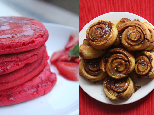 this valentine s day spoil your loved one with some perfectly chewy and gooey red velvet pancakes and cinnamon rolls