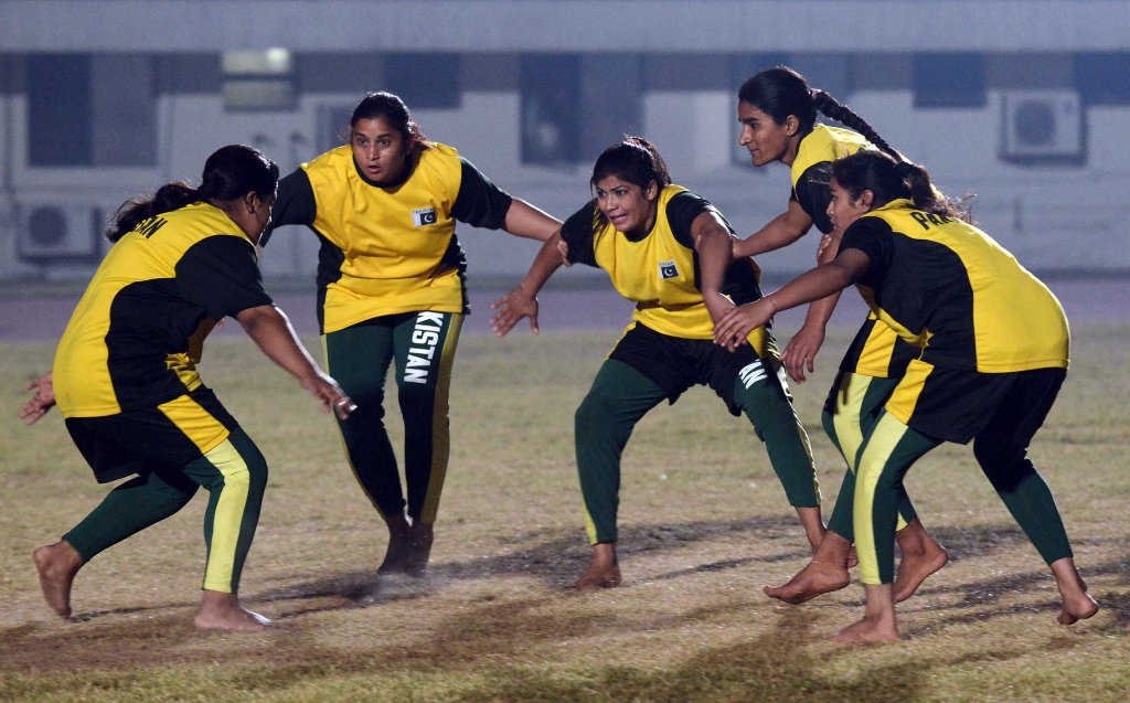 members of pakistan 039 s women 039 s kabaddi team take part in a practice match at the punjab stadium in lahore photo afp