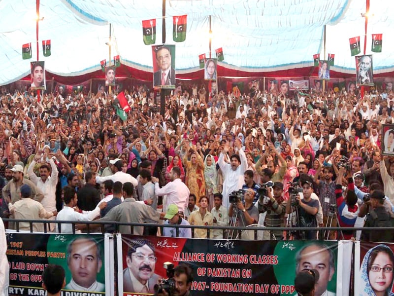 supporters of ppp cheer during the speech of bilawal bhutto zardari on the foundation day of the party in bilawal house karachi on saturday photo ppi