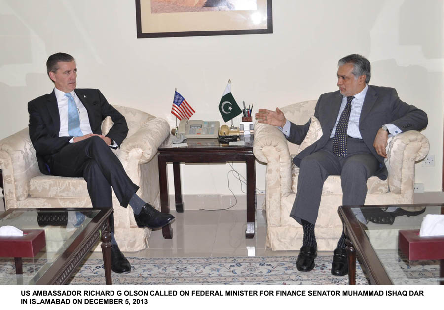 us ambassador richard olson in a meeting with federal minister for finance ishaq dar in islamabad on december 5 2013 photo pid