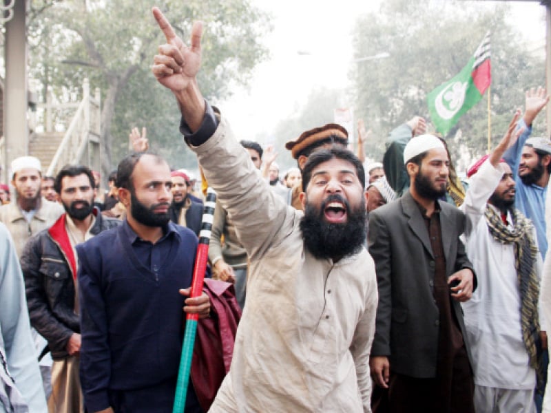 speakers at protest say shias should not be allowed to take processions on roads photo abid nawaz express