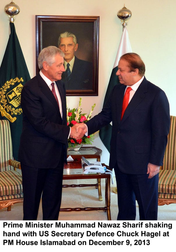 us secretary of defence chuck hagel shakes hands with prime minister nawaz sharif in islamabad on monday photo pid