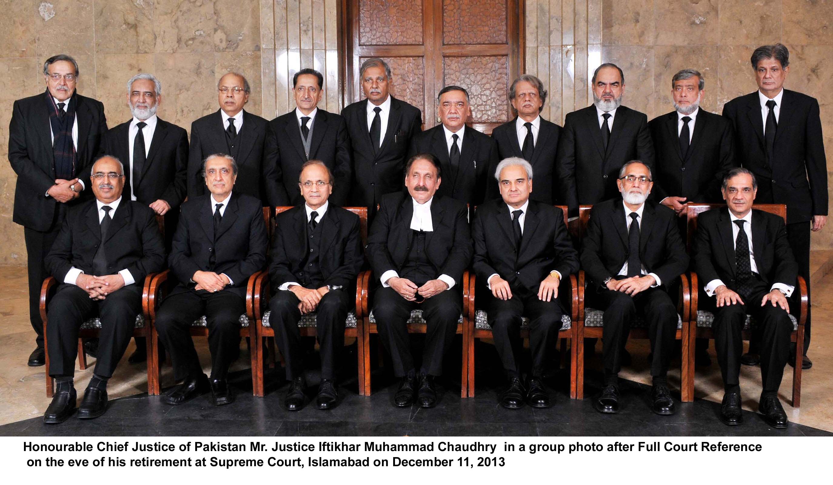 outgoing chief justice of pakistan iftikhar muhammad chaudhry front row centre in a group photo of the all judges of the supreme court incoming chief justice tassaduq jilani front row 2nd from l also in the picture photo pid