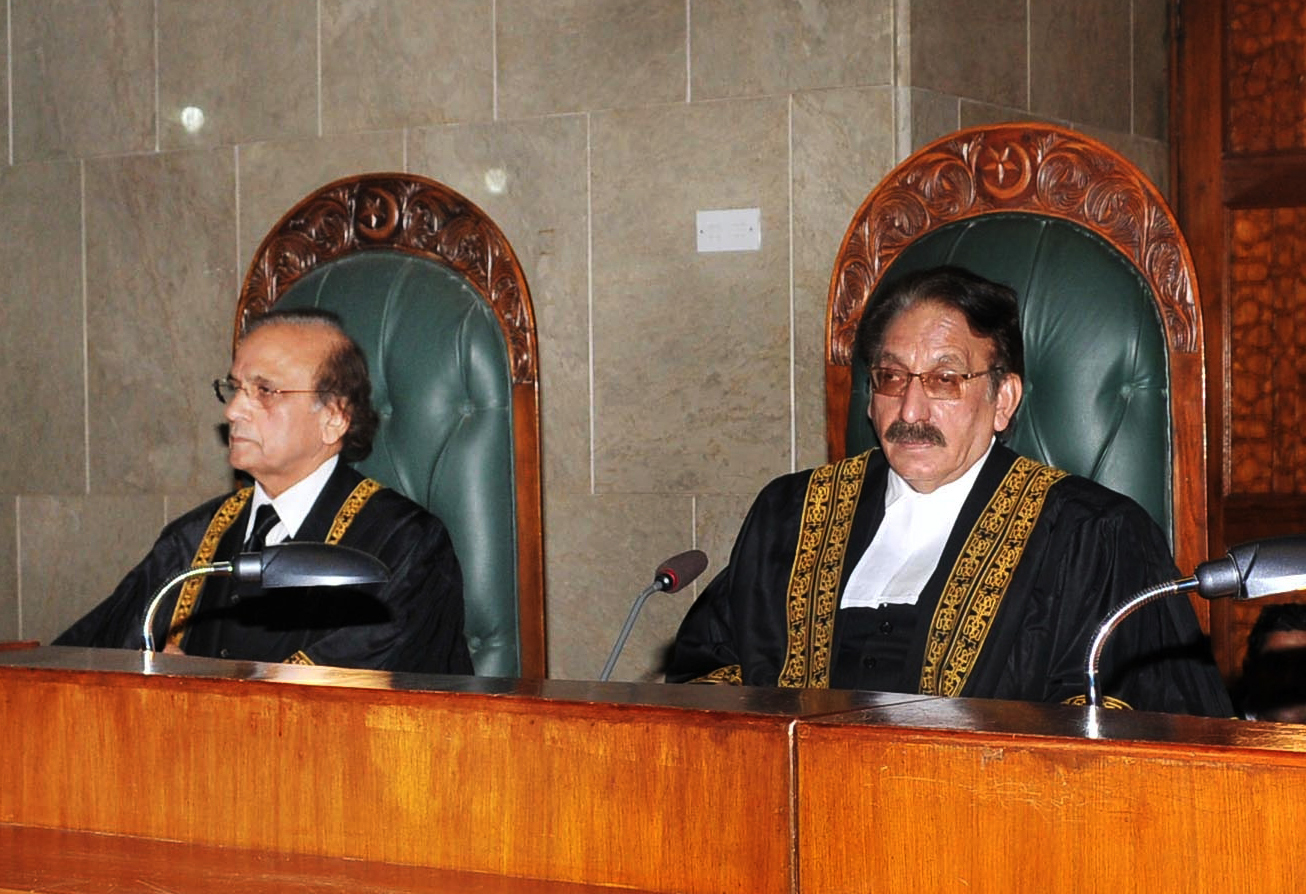 out going chief justice iftikhar muhammad chaudhry r and his successor justice tassaduq hussain jillani hearing the full court reference held in justice chaudhry s honour photo pid