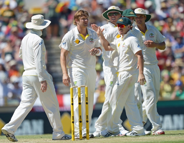 poised in perth spearhead mitchell johnson went wicket less yet a combined bowling effort at the waca has given the hosts control of the third ashes test photo afp