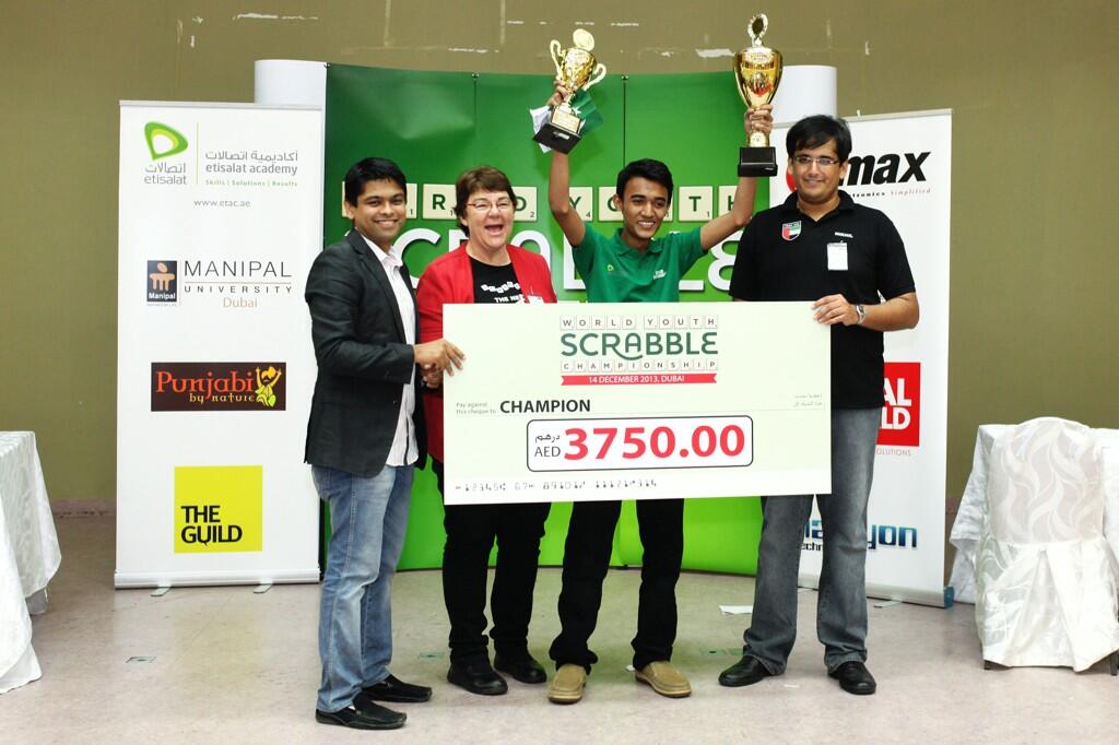 moizullah beg with his cheque and trophies after winning the world youth scrabble championship photo gulf scrabble