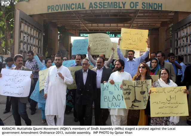 mpas belonging to the muttahida qaumi movement stage a protest against the local government amendment ordinance 2013 at the sindh provincial assembly on monday photo inp mpas belonging to the muttahida qaumi movement stage a protest against the local government amendment ordinance 2013 at the sindh provincial assembly on monday photo inp